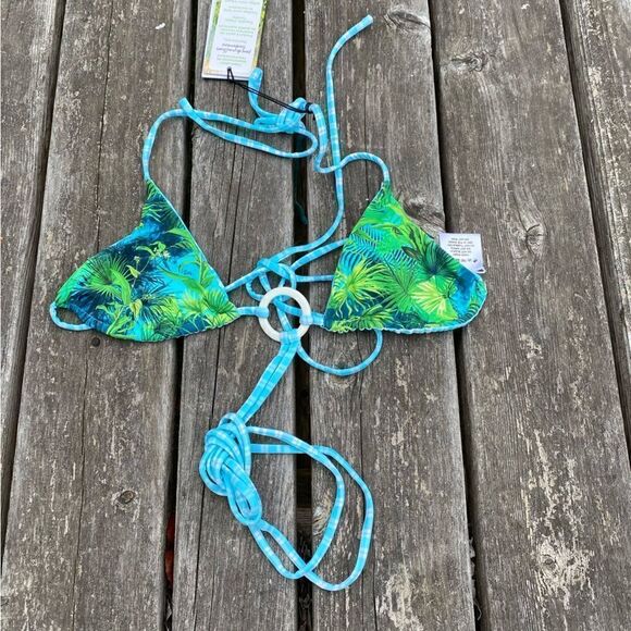 VDM The Label Ziggy Green Tropical/Blue Gingham Reversible Bikini Top Small. NWT - Picture 2 of 8